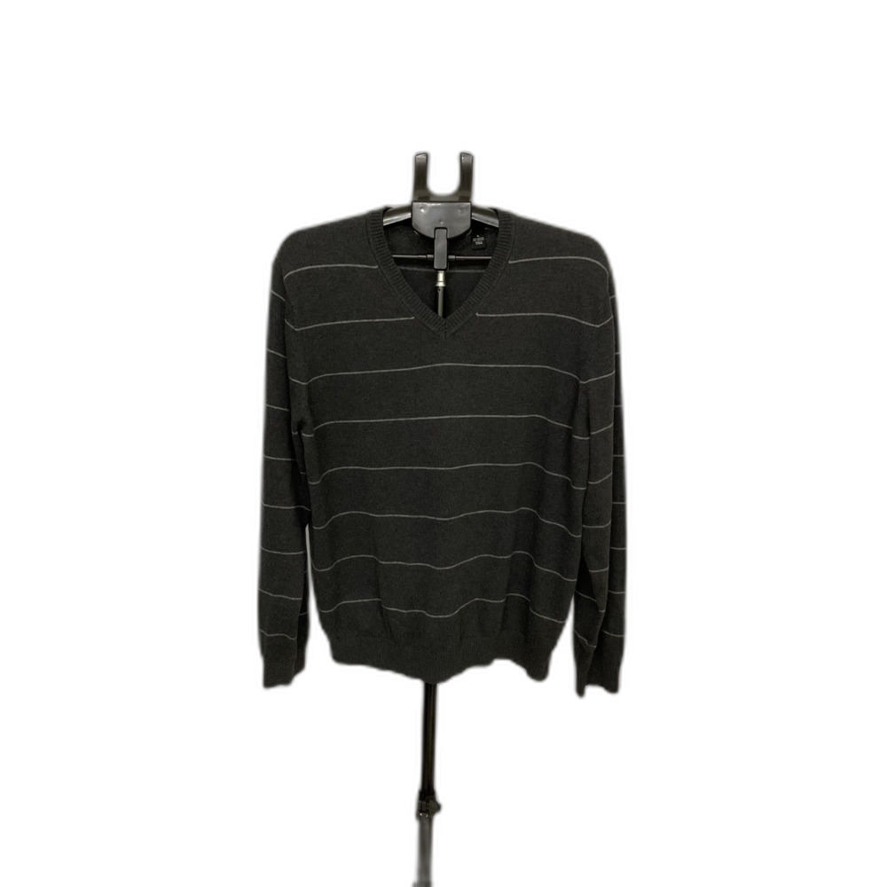 Van Heusen Men's Sweater Large Gray Striped V-Neck Cotton Blend Pullover